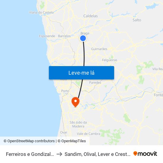 Ferreiros e Gondizalves to Sandim, Olival, Lever e Crestuma map