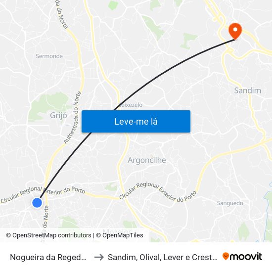 Nogueira da Regedoura to Sandim, Olival, Lever e Crestuma map