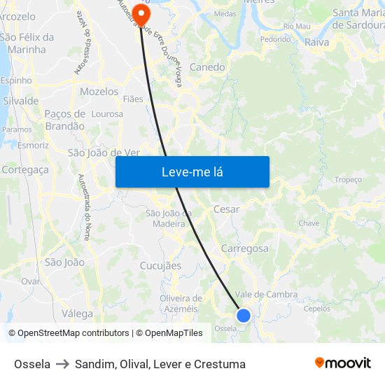 Ossela to Sandim, Olival, Lever e Crestuma map