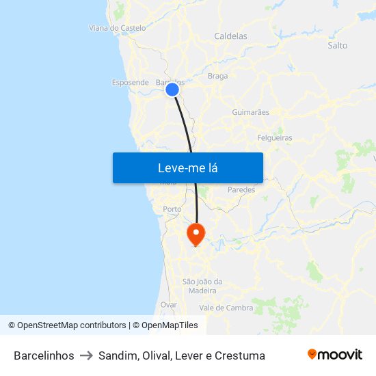 Barcelinhos to Sandim, Olival, Lever e Crestuma map
