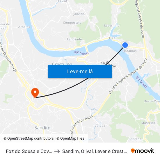 Foz do Sousa e Covelo to Sandim, Olival, Lever e Crestuma map