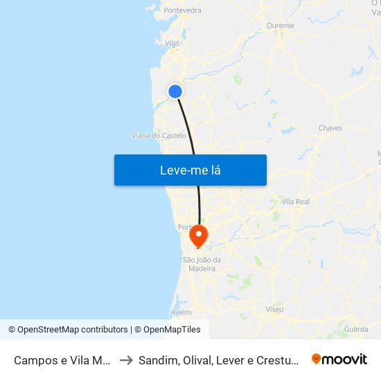Campos e Vila Meã to Sandim, Olival, Lever e Crestuma map