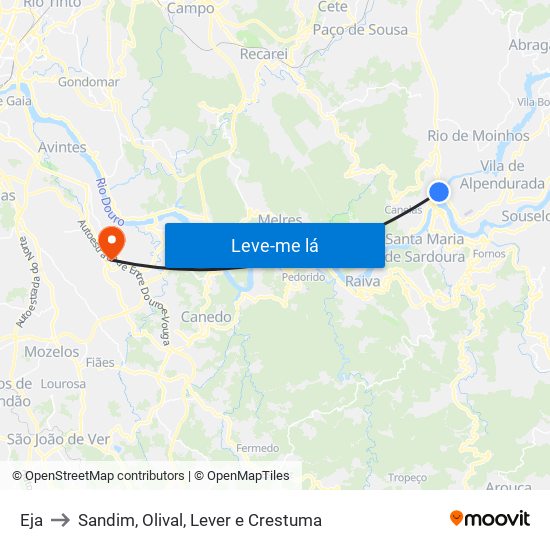 Eja to Sandim, Olival, Lever e Crestuma map