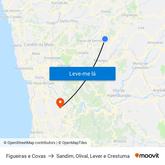 Figueiras e Covas to Sandim, Olival, Lever e Crestuma map