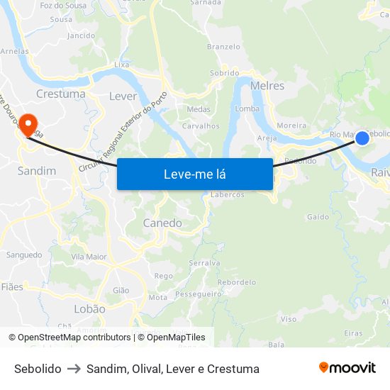 Sebolido to Sandim, Olival, Lever e Crestuma map