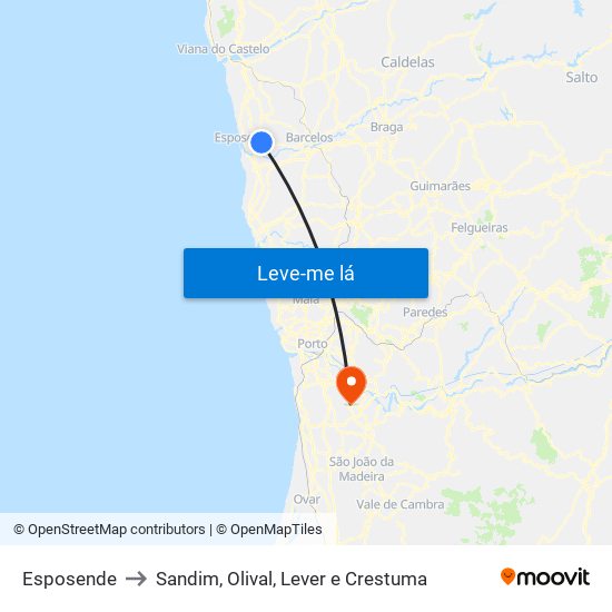 Esposende to Sandim, Olival, Lever e Crestuma map