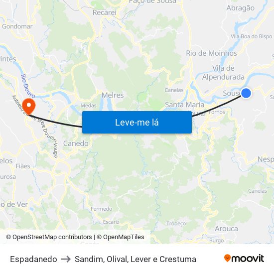 Espadanedo to Sandim, Olival, Lever e Crestuma map