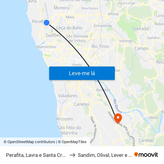 Perafita, Lavra e Santa Cruz do Bispo to Sandim, Olival, Lever e Crestuma map