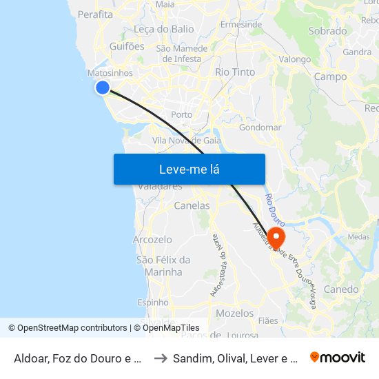 Aldoar, Foz do Douro e Nevogilde to Sandim, Olival, Lever e Crestuma map