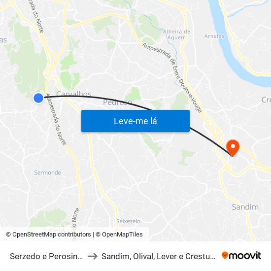 Serzedo e Perosinho to Sandim, Olival, Lever e Crestuma map