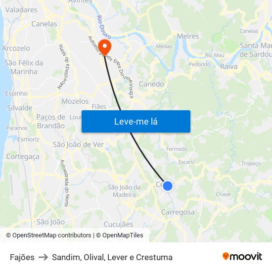 Fajões to Sandim, Olival, Lever e Crestuma map