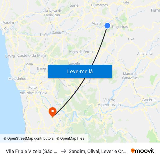 Vila Fria e Vizela (São Jorge) to Sandim, Olival, Lever e Crestuma map