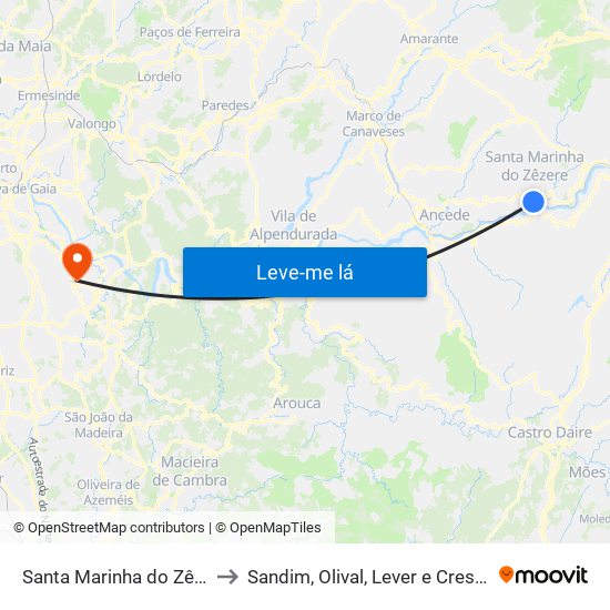 Santa Marinha do Zêzere to Sandim, Olival, Lever e Crestuma map