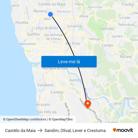 Castêlo da Maia to Sandim, Olival, Lever e Crestuma map