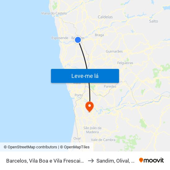 Barcelos, Vila Boa e Vila Frescainha (São Martinho e São Pedro) to Sandim, Olival, Lever e Crestuma map