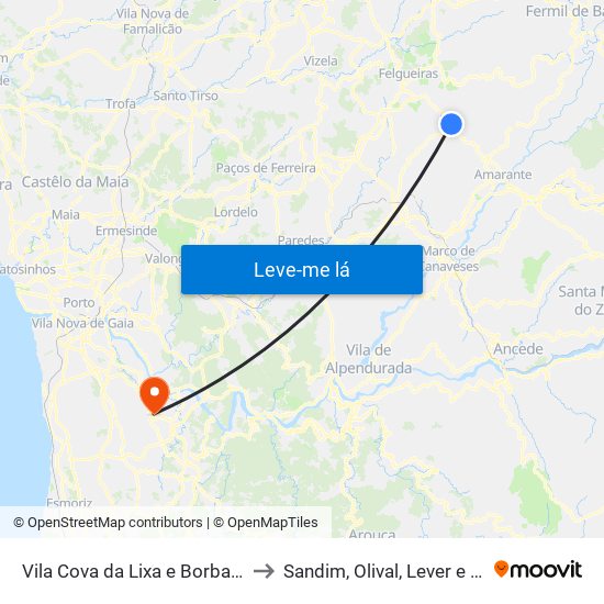 Vila Cova da Lixa e Borba de Godim to Sandim, Olival, Lever e Crestuma map