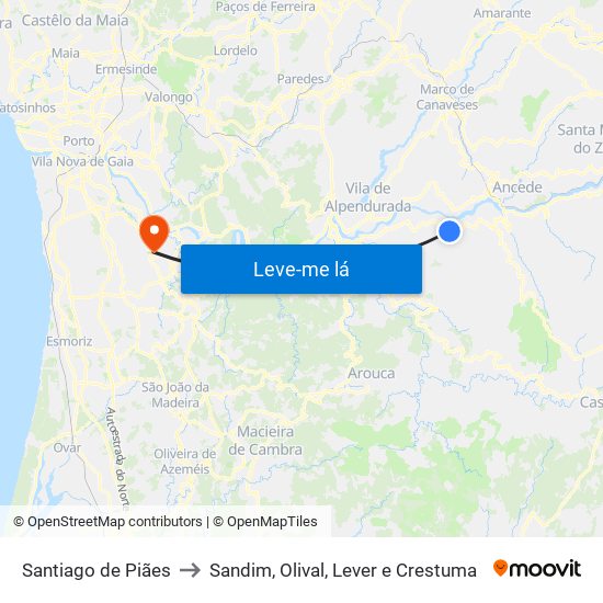 Santiago de Piães to Sandim, Olival, Lever e Crestuma map