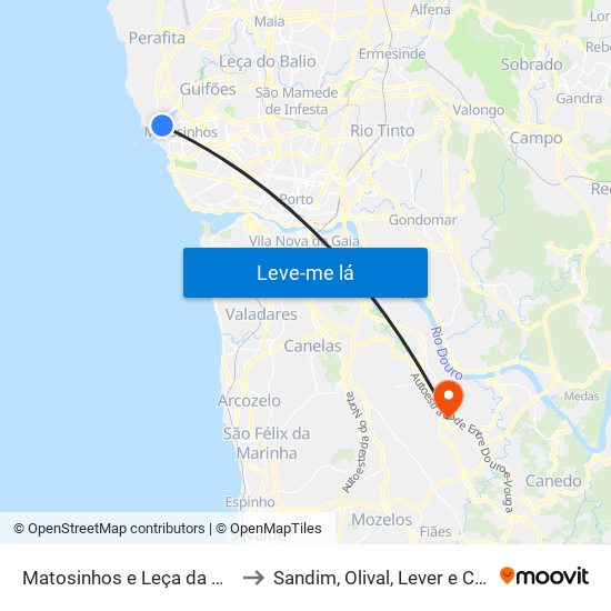 Matosinhos e Leça da Palmeira to Sandim, Olival, Lever e Crestuma map