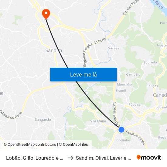 Lobão, Gião, Louredo e Guisande to Sandim, Olival, Lever e Crestuma map