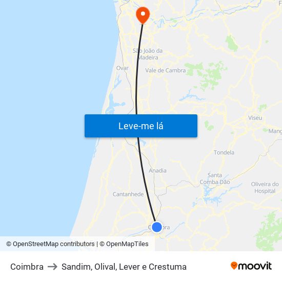 Coimbra to Sandim, Olival, Lever e Crestuma map