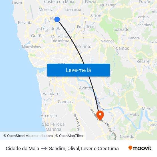 Cidade da Maia to Sandim, Olival, Lever e Crestuma map