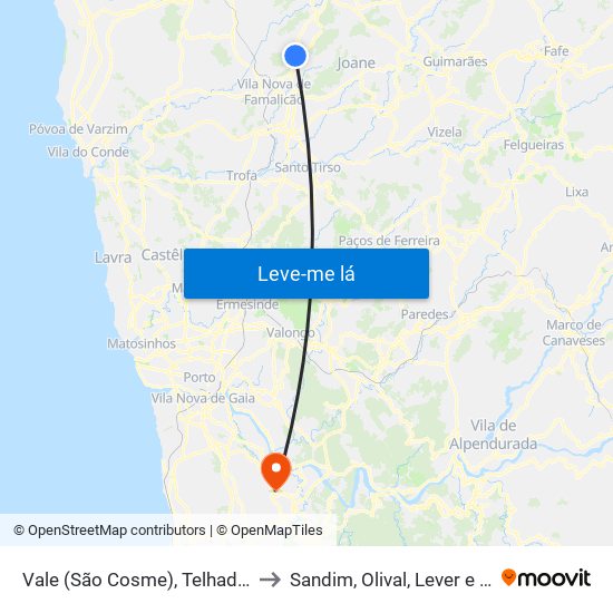 Vale (São Cosme), Telhado e Portela to Sandim, Olival, Lever e Crestuma map