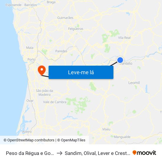 Peso da Régua e Godim to Sandim, Olival, Lever e Crestuma map