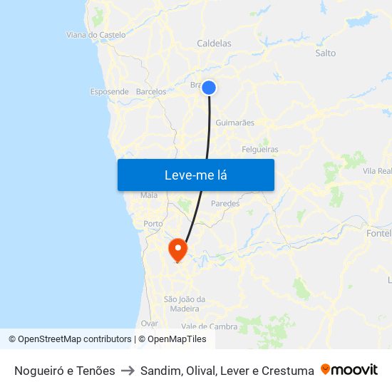 Nogueiró e Tenões to Sandim, Olival, Lever e Crestuma map