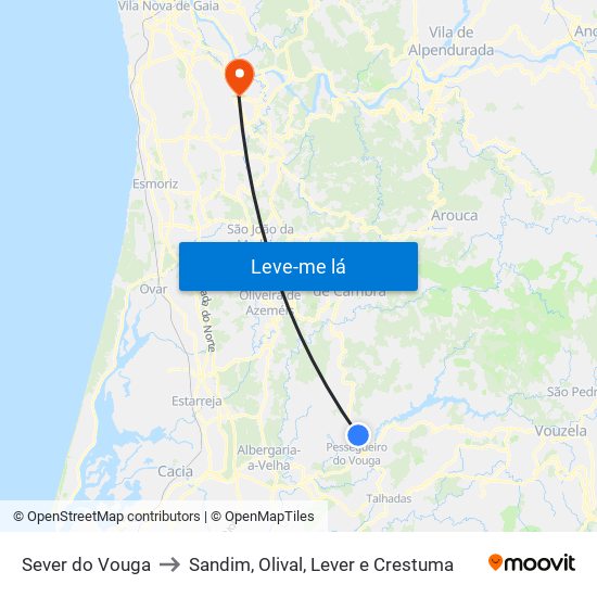 Sever do Vouga to Sandim, Olival, Lever e Crestuma map