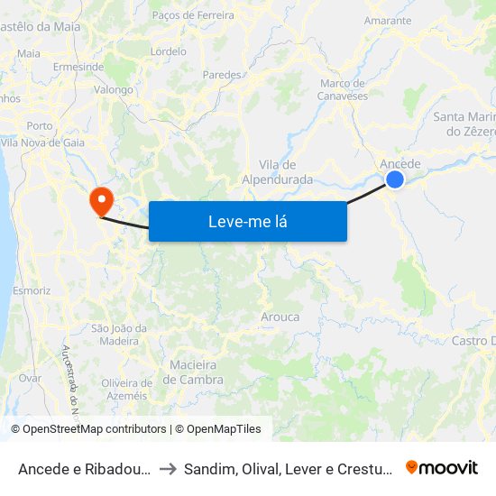 Ancede e Ribadouro to Sandim, Olival, Lever e Crestuma map