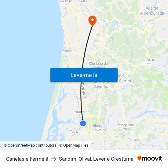 Canelas e Fermelã to Sandim, Olival, Lever e Crestuma map