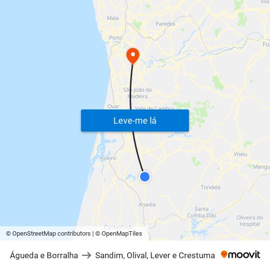 Águeda e Borralha to Sandim, Olival, Lever e Crestuma map