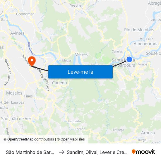 São Martinho de Sardoura to Sandim, Olival, Lever e Crestuma map