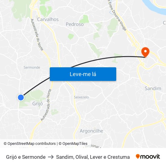 Grijó e Sermonde to Sandim, Olival, Lever e Crestuma map