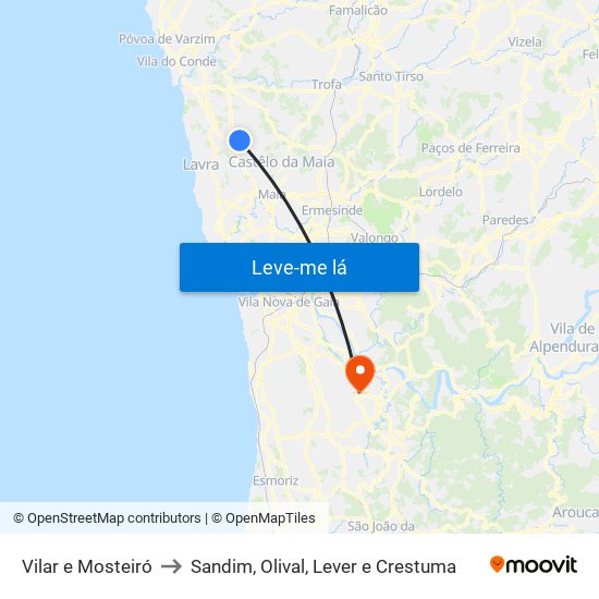 Vilar e Mosteiró to Sandim, Olival, Lever e Crestuma map