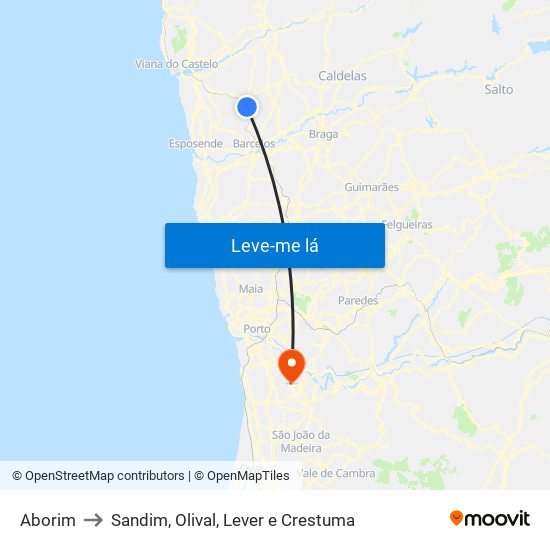 Aborim to Sandim, Olival, Lever e Crestuma map