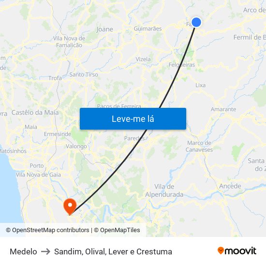 Medelo to Sandim, Olival, Lever e Crestuma map