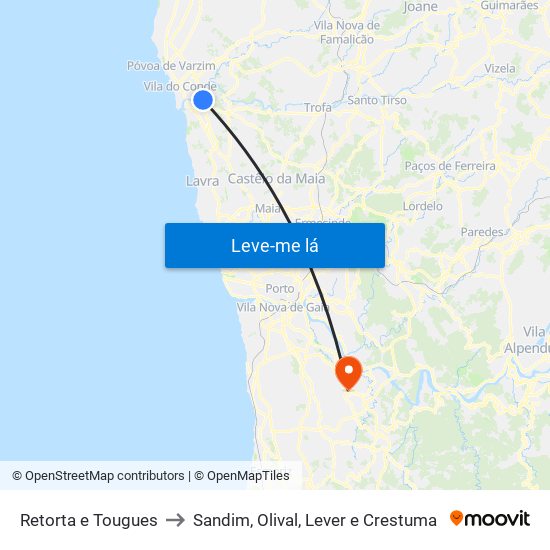 Retorta e Tougues to Sandim, Olival, Lever e Crestuma map