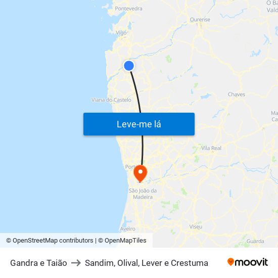 Gandra e Taião to Sandim, Olival, Lever e Crestuma map