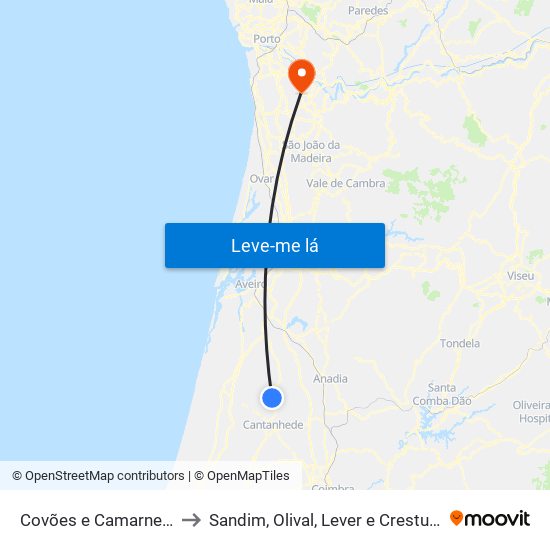 Covões e Camarneira to Sandim, Olival, Lever e Crestuma map