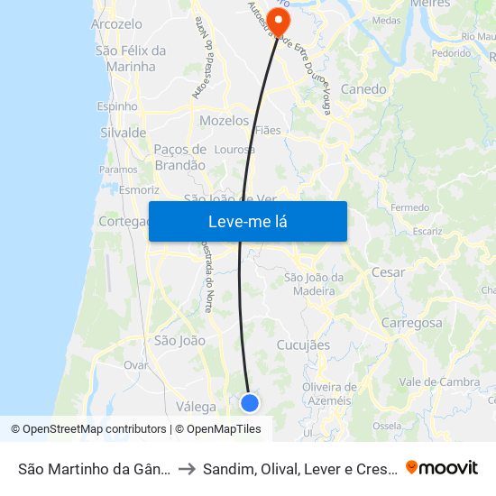 São Martinho da Gândara to Sandim, Olival, Lever e Crestuma map