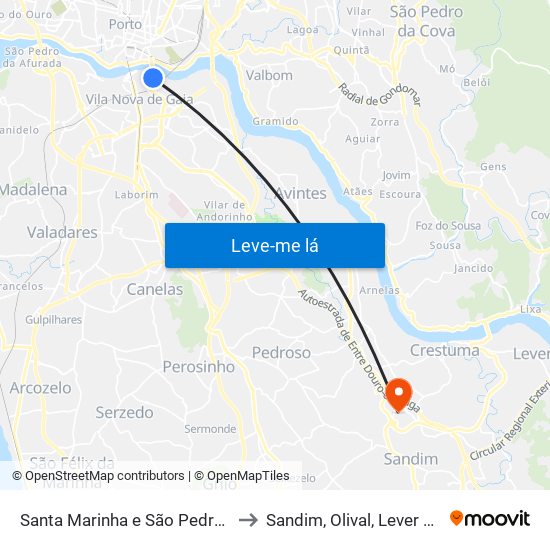 Santa Marinha e São Pedro da Afurada to Sandim, Olival, Lever e Crestuma map