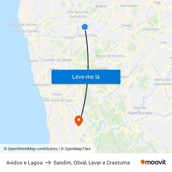 Avidos e Lagoa to Sandim, Olival, Lever e Crestuma map