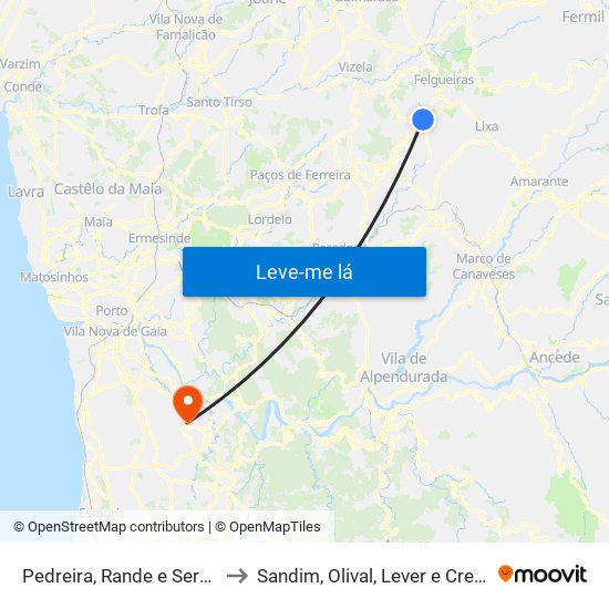 Pedreira, Rande e Sernande to Sandim, Olival, Lever e Crestuma map