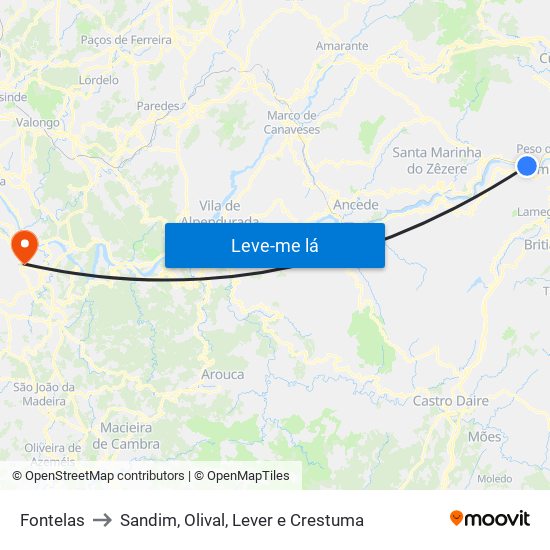 Fontelas to Sandim, Olival, Lever e Crestuma map