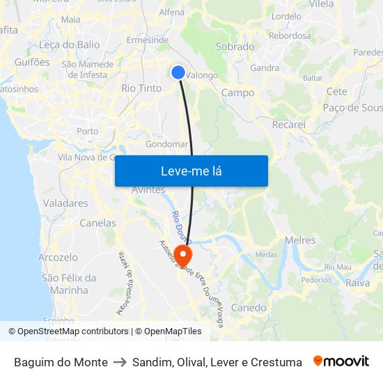 Baguim do Monte to Sandim, Olival, Lever e Crestuma map