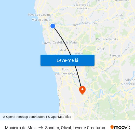 Macieira da Maia to Sandim, Olival, Lever e Crestuma map