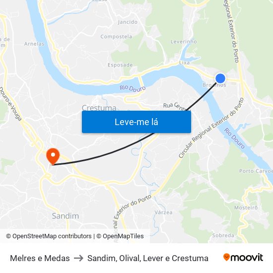 Melres e Medas to Sandim, Olival, Lever e Crestuma map