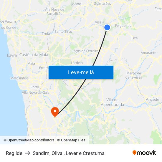 Regilde to Sandim, Olival, Lever e Crestuma map