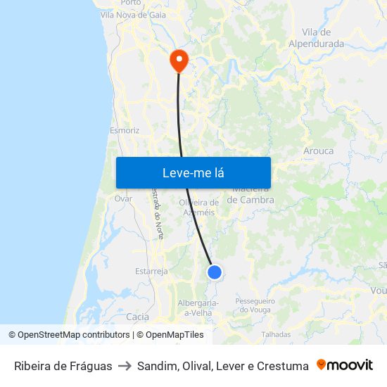 Ribeira de Fráguas to Sandim, Olival, Lever e Crestuma map